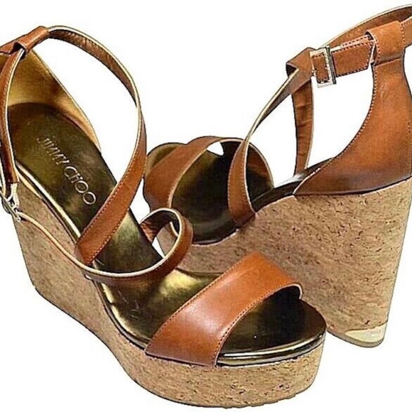 🆕🏷️Jimmy Choo “Portia 120” Brown Leather Ankle Wrap Wedge Sandals   🇪🇸 - Picture 2 of 7
